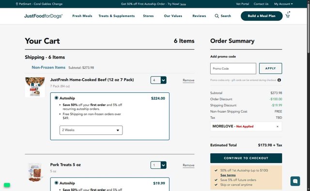 JustFoodForDogs checkout page showing JustFoodForDogs promo code box | Screenshot taken by SimplyCodes community member on Jul 12, 2025