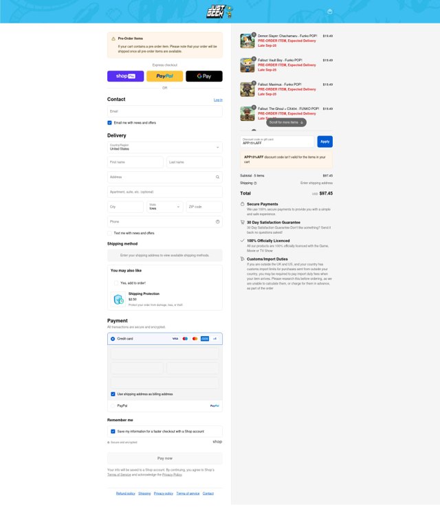 Just Geek US checkout page showing Just Geek US promo code box | Screenshot taken by SimplyCodes community member on Aug 25, 2025