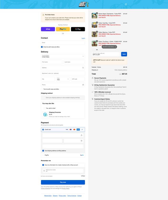 Just Geek US checkout page showing Just Geek US promo code box | Screenshot taken by SimplyCodes community member on Sep 3, 2025