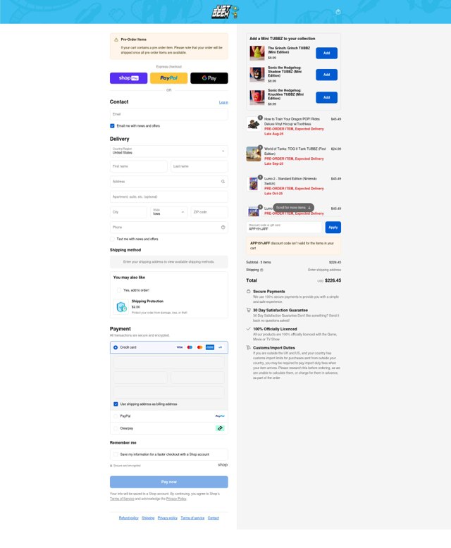 Just Geek US checkout page showing Just Geek US promo code box | Screenshot taken by SimplyCodes community member on Aug 16, 2025
