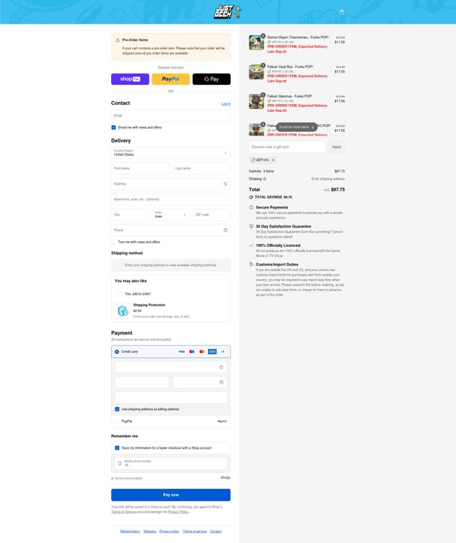 Just Geek US checkout page showing Just Geek US promo code box | Screenshot taken by SimplyCodes community member on Aug 25, 2025