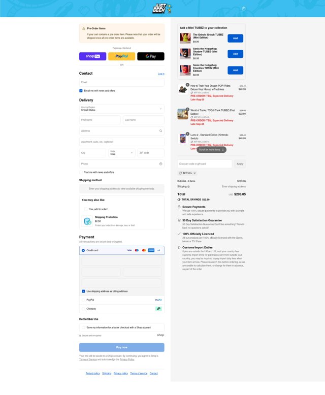 Just Geek US checkout page showing Just Geek US promo code box | Screenshot taken by SimplyCodes community member on Aug 21, 2025