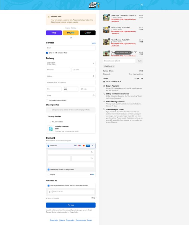 Just Geek US checkout page showing Just Geek US promo code box | Screenshot taken by SimplyCodes community member on Aug 29, 2025
