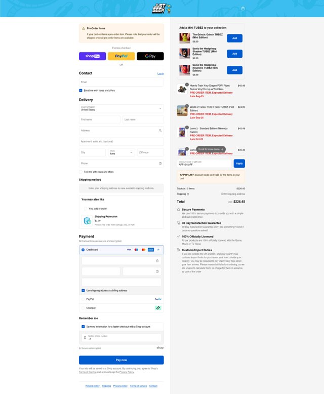 Just Geek US checkout page showing Just Geek US promo code box | Screenshot taken by SimplyCodes community member on Aug 21, 2025