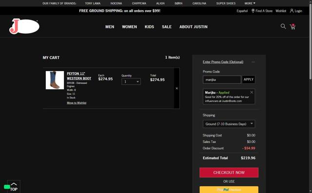 Justin Boots checkout page showing Justin Boots promo code box | Screenshot taken by SimplyCodes community member on Aug 29, 2025