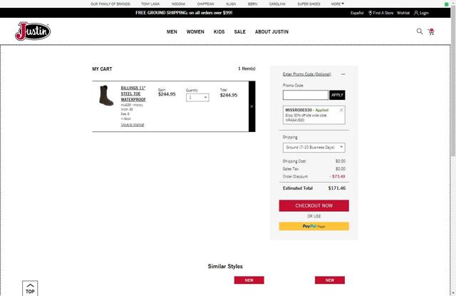 Justin Boots checkout page showing Justin Boots promo code box | Screenshot taken by SimplyCodes community member on Sep 14, 2025