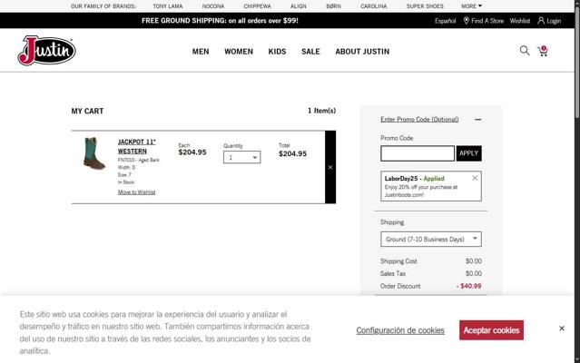 Justin Boots checkout page showing Justin Boots promo code box | Screenshot taken by SimplyCodes community member on Aug 22, 2025