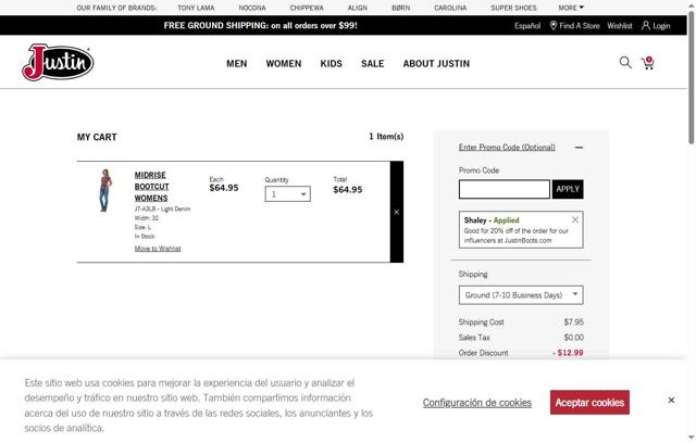 Justin Boots checkout page showing Justin Boots promo code box | Screenshot taken by SimplyCodes community member on Aug 22, 2025