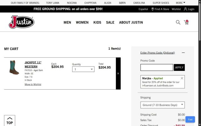 Justin Boots checkout page showing Justin Boots promo code box | Screenshot taken by SimplyCodes community member on Aug 29, 2025