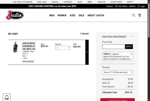 Justin Boots checkout page showing Justin Boots promo code box | Screenshot taken by SimplyCodes community member on Sep 9, 2025