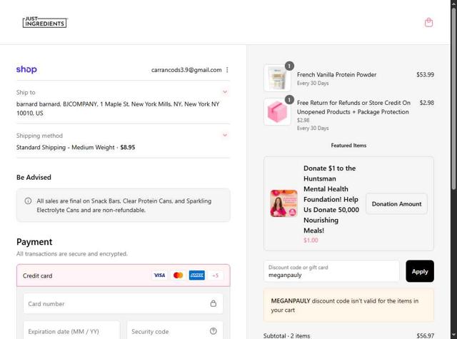 Just Ingredients checkout page showing Just Ingredients coupon code box | Screenshot taken by SimplyCodes community member on Sep 12, 2025