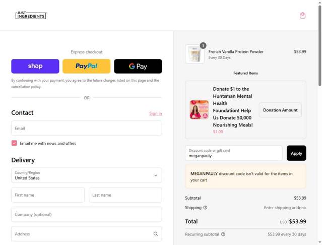 Just Ingredients checkout page showing Just Ingredients coupon code box | Screenshot taken by SimplyCodes community member on Sep 12, 2025