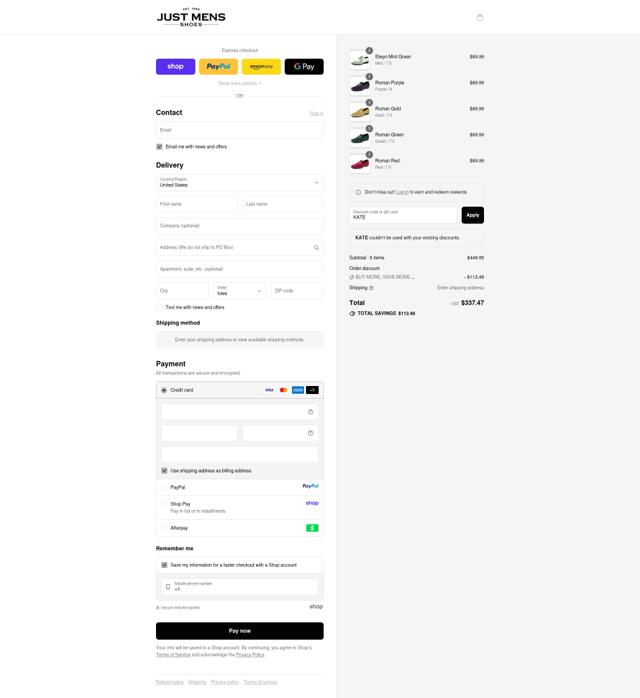 Just Men's Shoes checkout page showing Just Men's Shoes promo code box | Screenshot taken by SimplyCodes community member on Sep 11, 2025