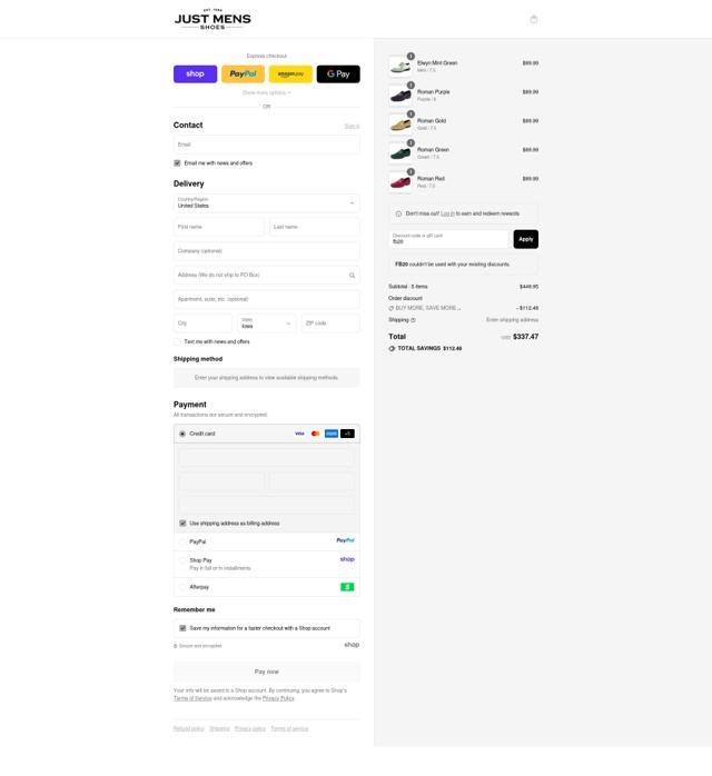 Just Men's Shoes checkout page showing Just Men's Shoes promo code box | Screenshot taken by SimplyCodes community member on Sep 11, 2025