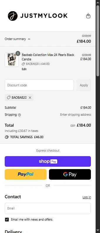Justmylook checkout page showing Justmylook promo code box | Screenshot taken by SimplyCodes community member on Jul 17, 2025