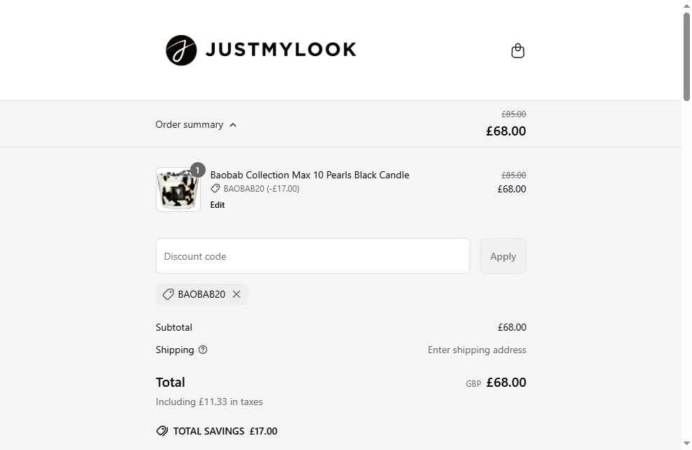 Justmylook checkout page showing Justmylook promo code box | Screenshot taken by SimplyCodes community member on May 29, 2025