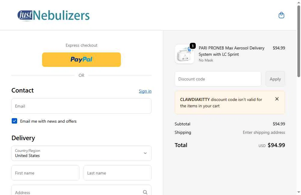 Just Nebulizers checkout page showing Just Nebulizers discount code box | Screenshot taken by SimplyCodes community member on Feb 5, 2026