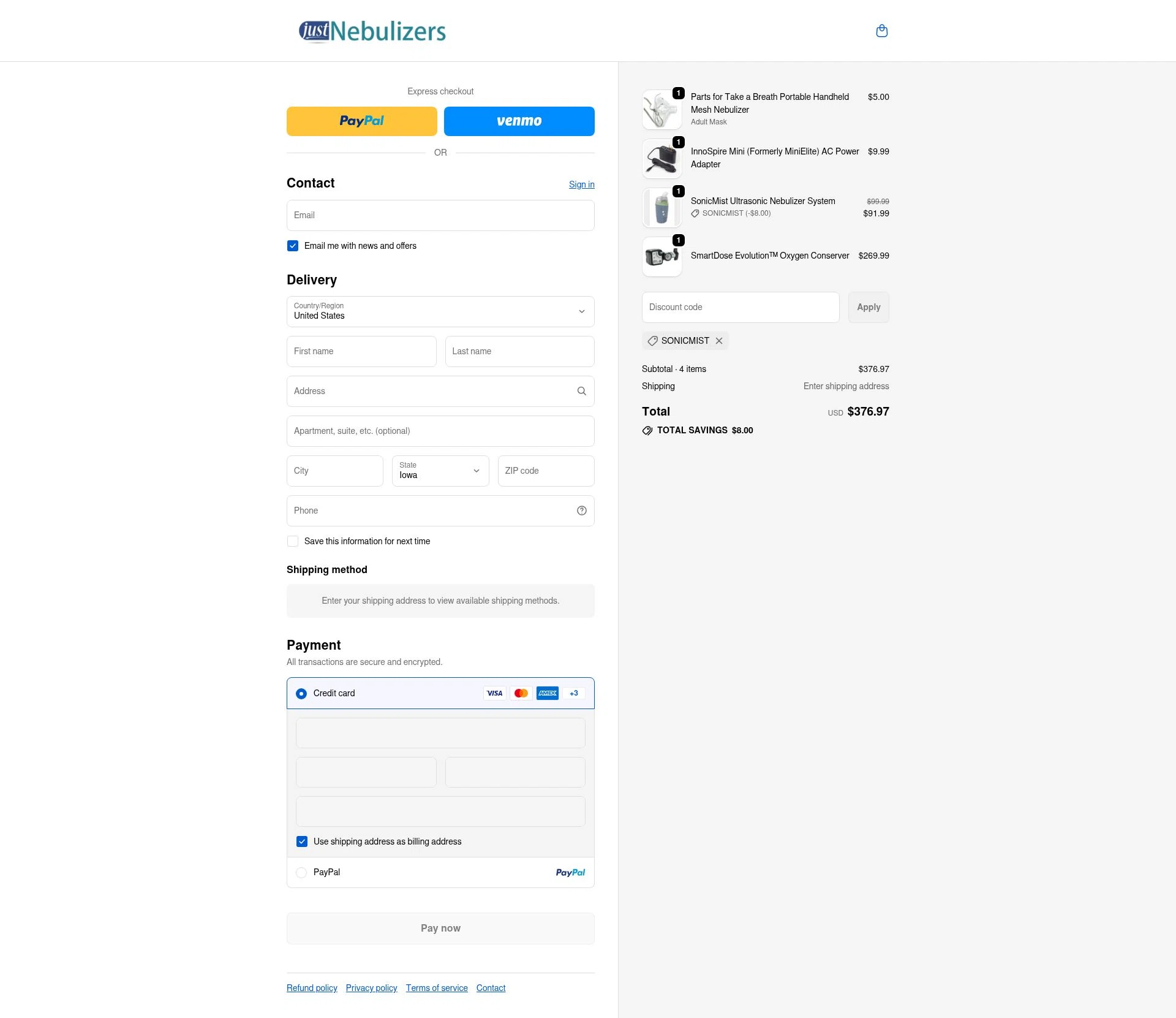 Just Nebulizers checkout page showing Just Nebulizers discount code box | Screenshot taken by SimplyCodes community member on Feb 19, 2026