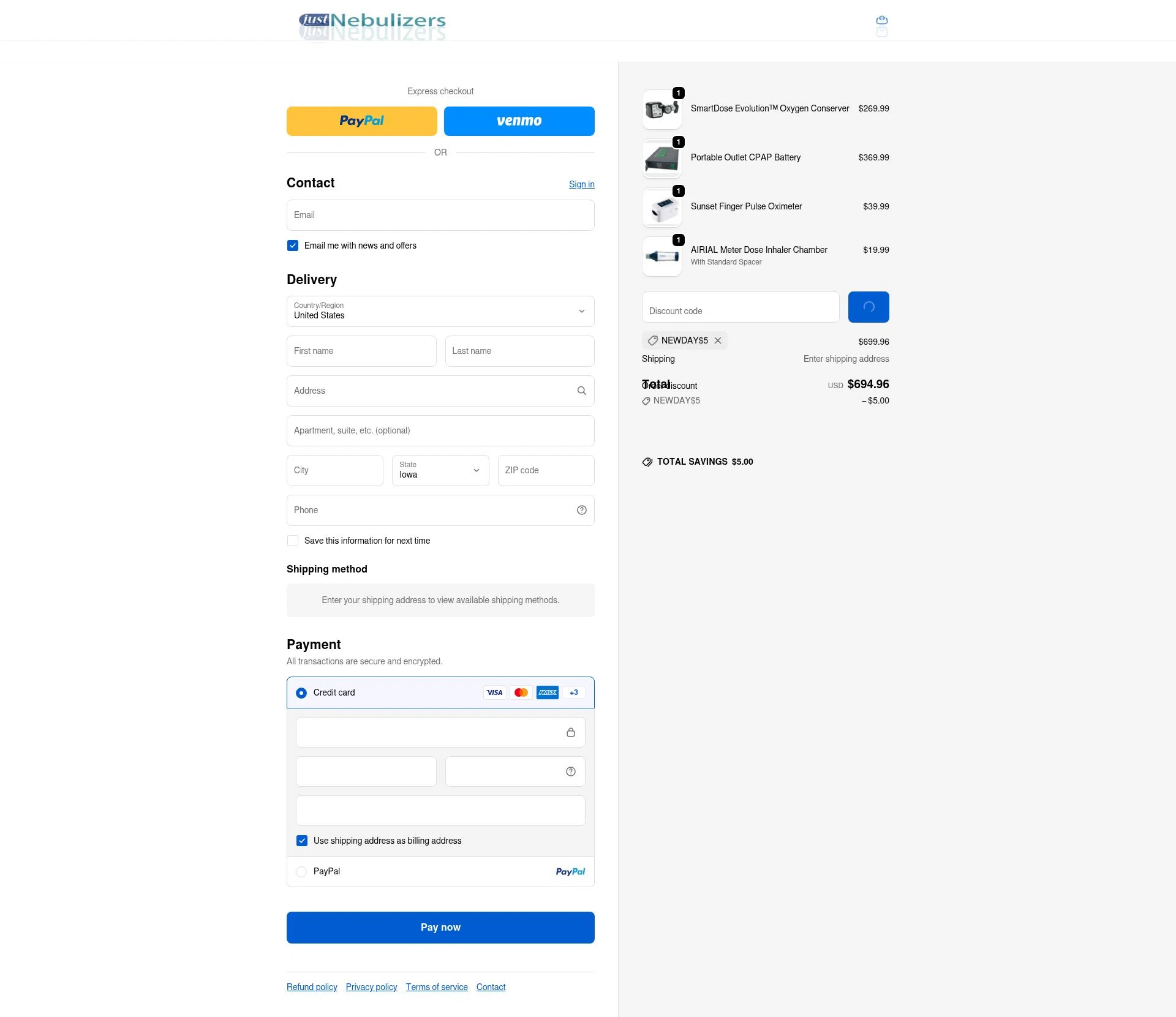 Just Nebulizers checkout page showing Just Nebulizers discount code box | Screenshot taken by SimplyCodes community member on Feb 6, 2026