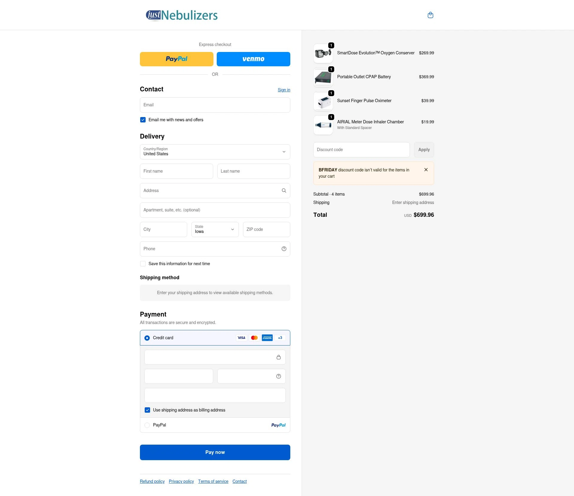 Just Nebulizers checkout page showing Just Nebulizers discount code box | Screenshot taken by SimplyCodes community member on Feb 6, 2026