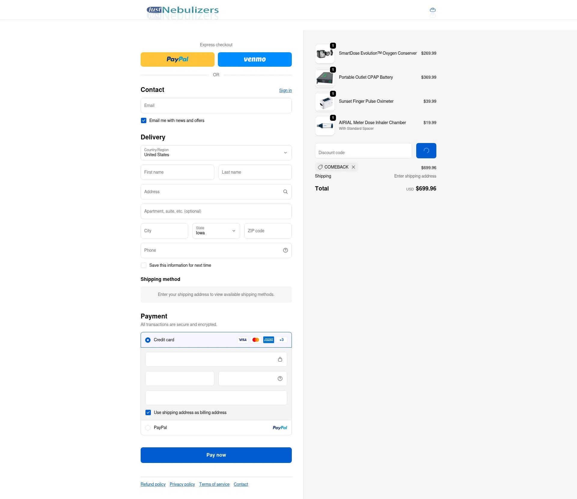 Just Nebulizers checkout page showing Just Nebulizers discount code box | Screenshot taken by SimplyCodes community member on Feb 6, 2026
