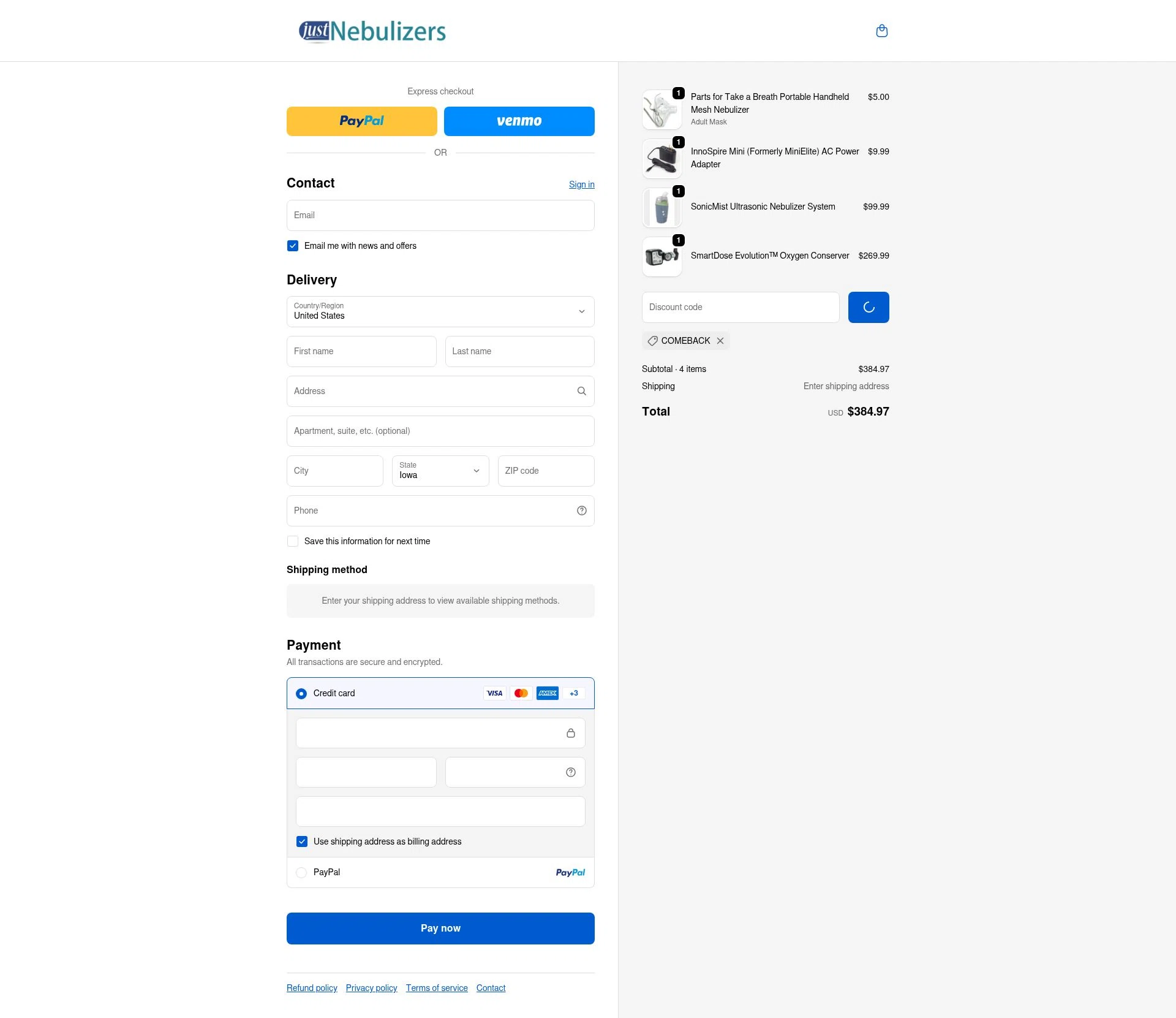 Just Nebulizers checkout page showing Just Nebulizers discount code box | Screenshot taken by SimplyCodes community member on Feb 19, 2026