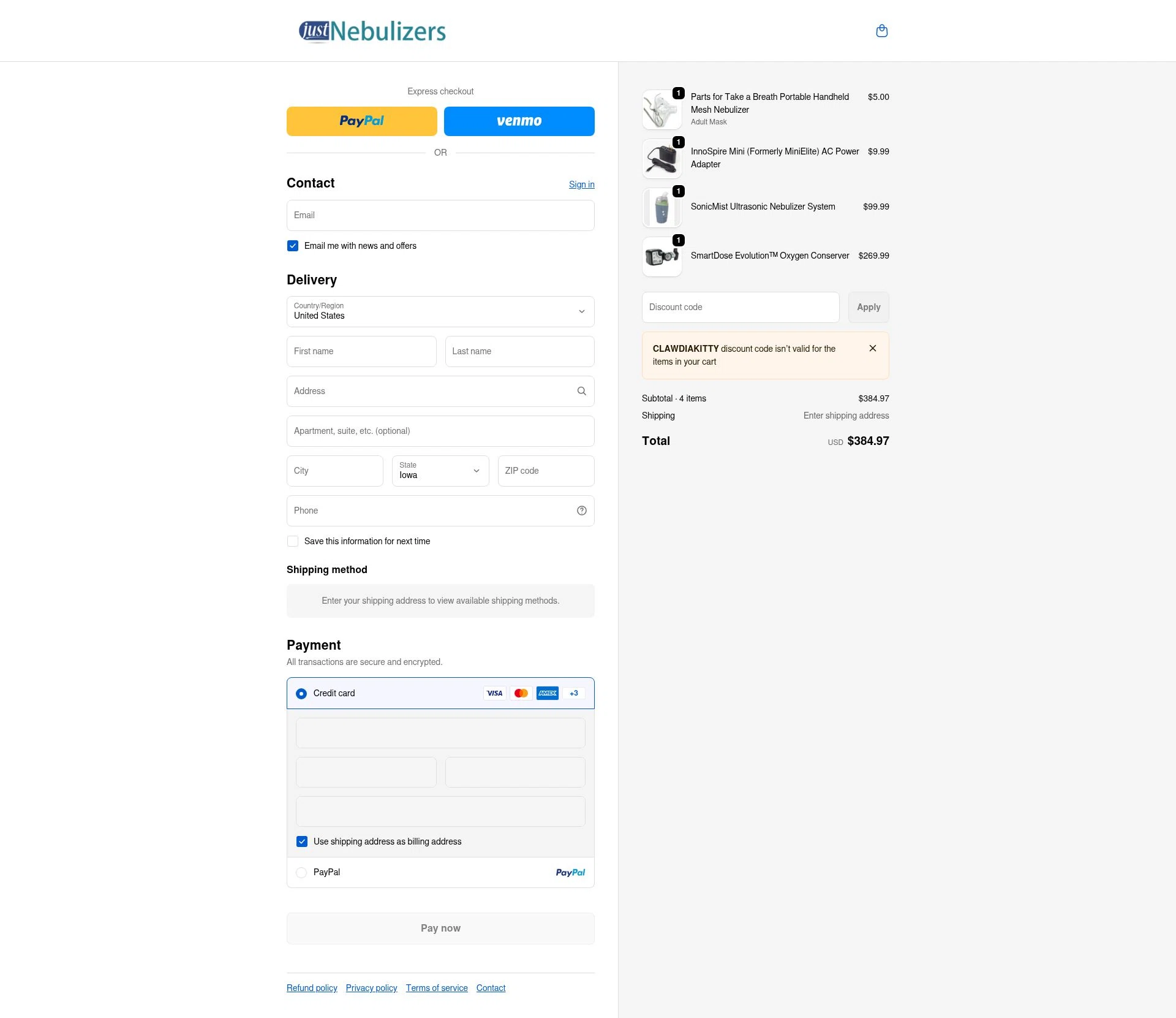 Just Nebulizers checkout page showing Just Nebulizers discount code box | Screenshot taken by SimplyCodes community member on Feb 19, 2026