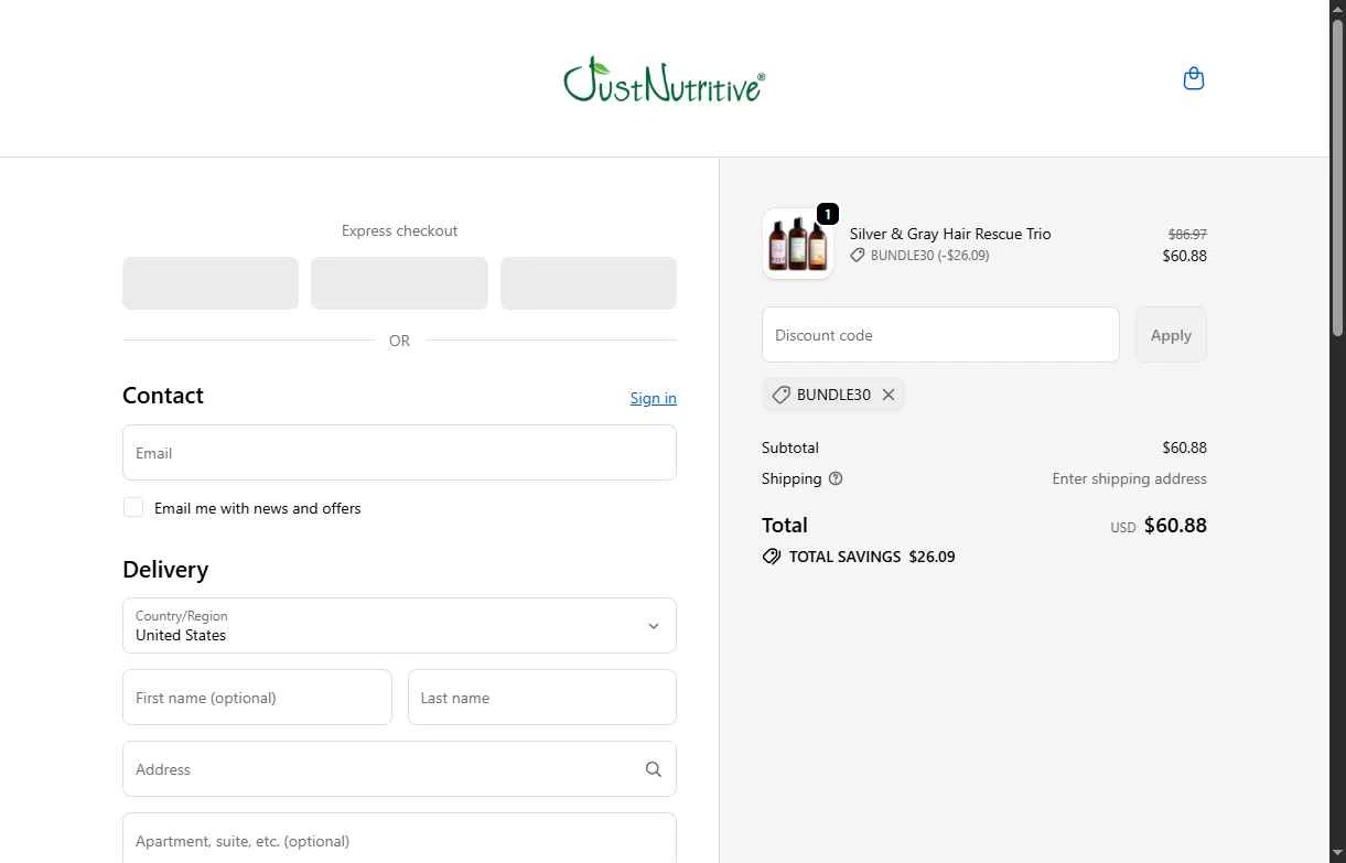 Just Nutritive checkout page showing Just Nutritive coupon code box | Screenshot taken by SimplyCodes community member on Jan 11, 2026