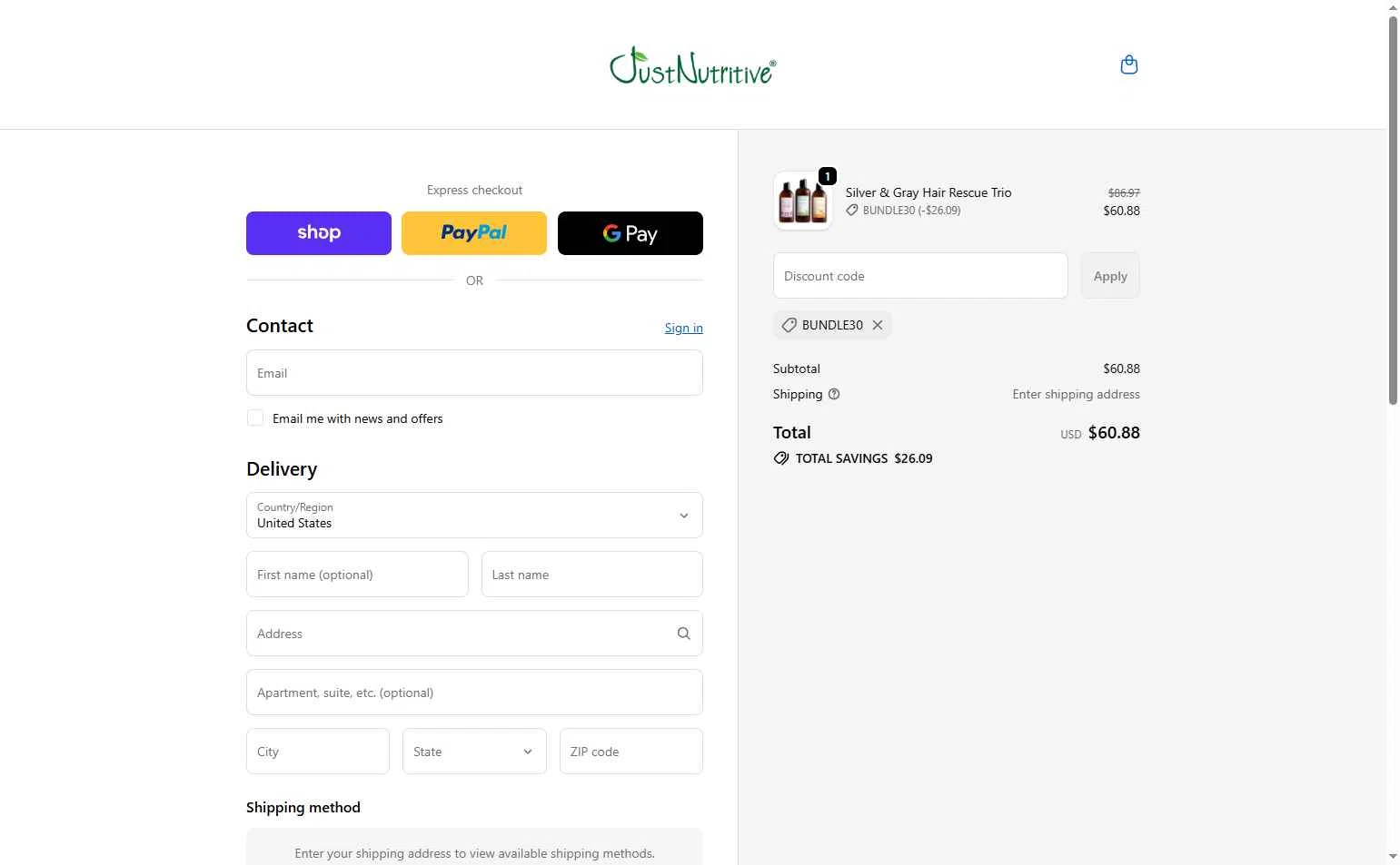 Just Nutritive checkout page showing Just Nutritive coupon code box | Screenshot taken by SimplyCodes community member on Dec 31, 2025