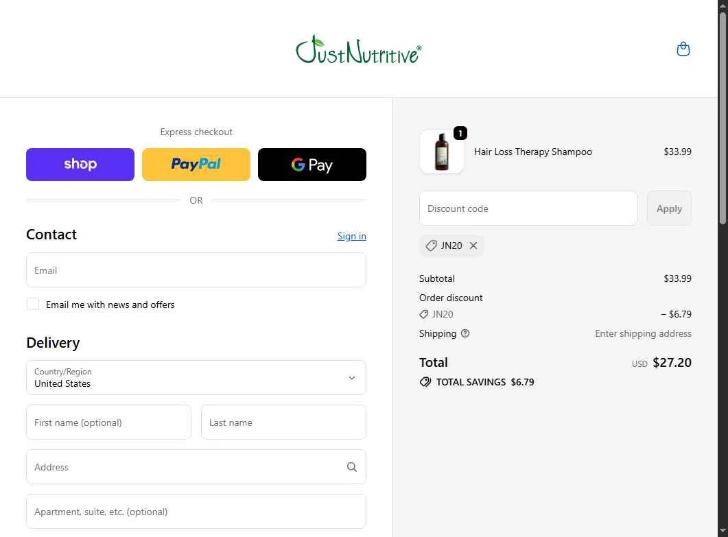 Just Nutritive checkout page showing Just Nutritive coupon code box | Screenshot taken by SimplyCodes community member on Feb 9, 2026