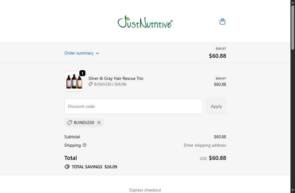 Just Nutritive checkout page showing Just Nutritive coupon code box | Screenshot taken by SimplyCodes community member on Jan 22, 2026