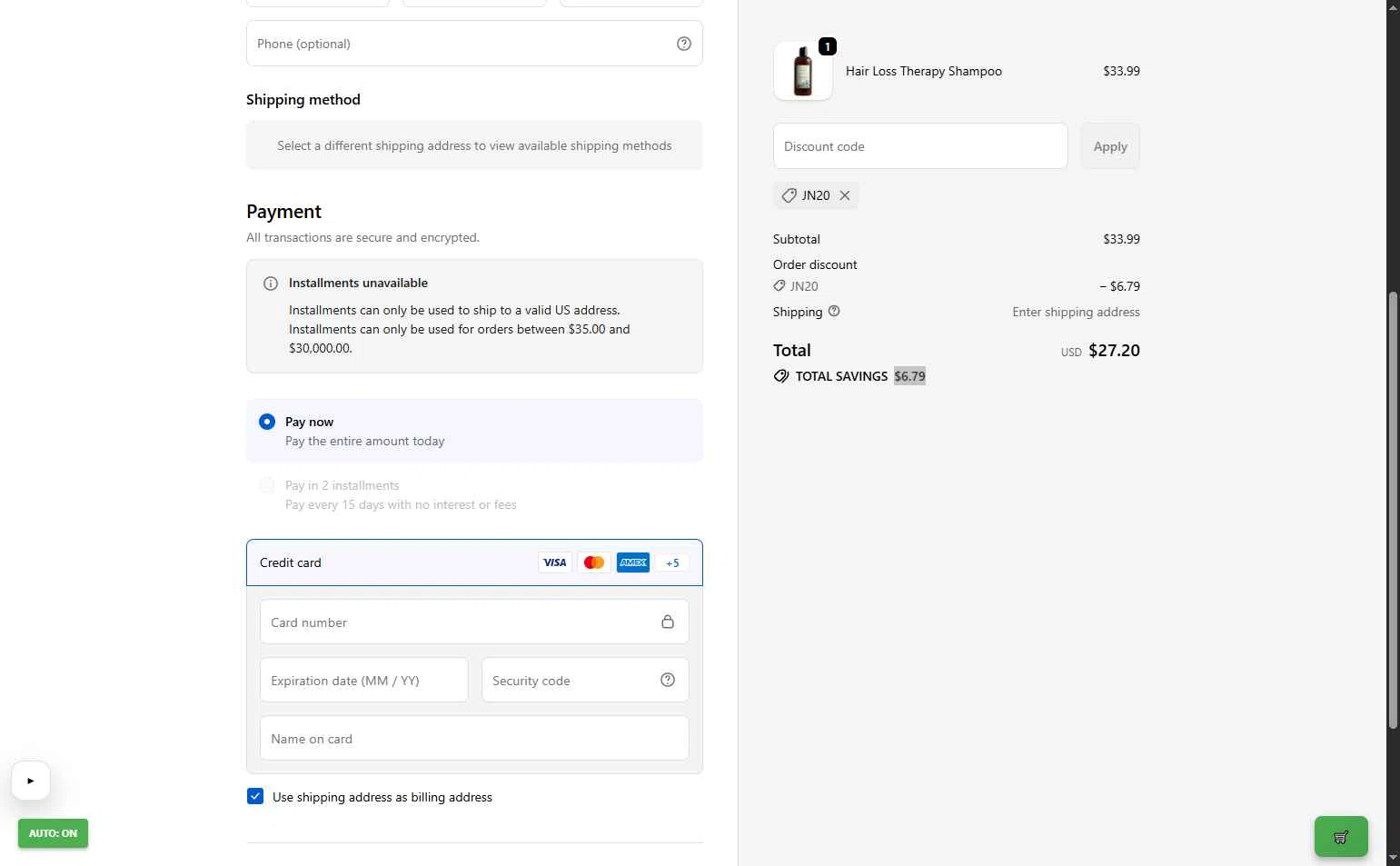 Just Nutritive checkout page showing Just Nutritive coupon code box | Screenshot taken by SimplyCodes community member on Jan 29, 2026