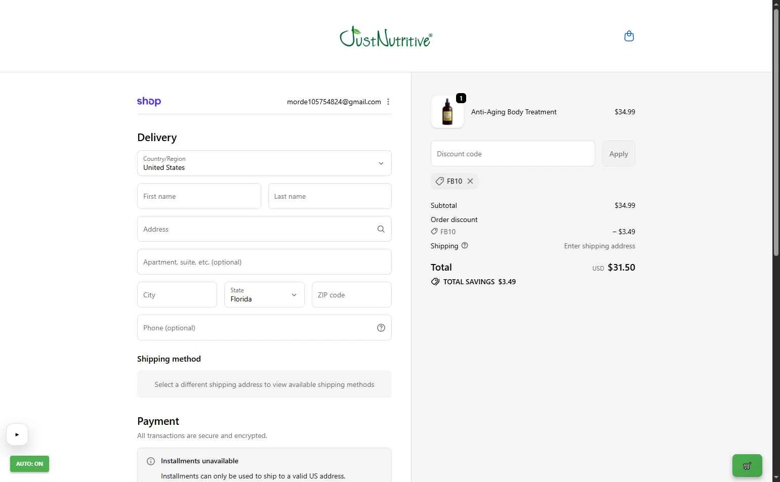Just Nutritive checkout page showing Just Nutritive coupon code box | Screenshot taken by SimplyCodes community member on Jan 9, 2026