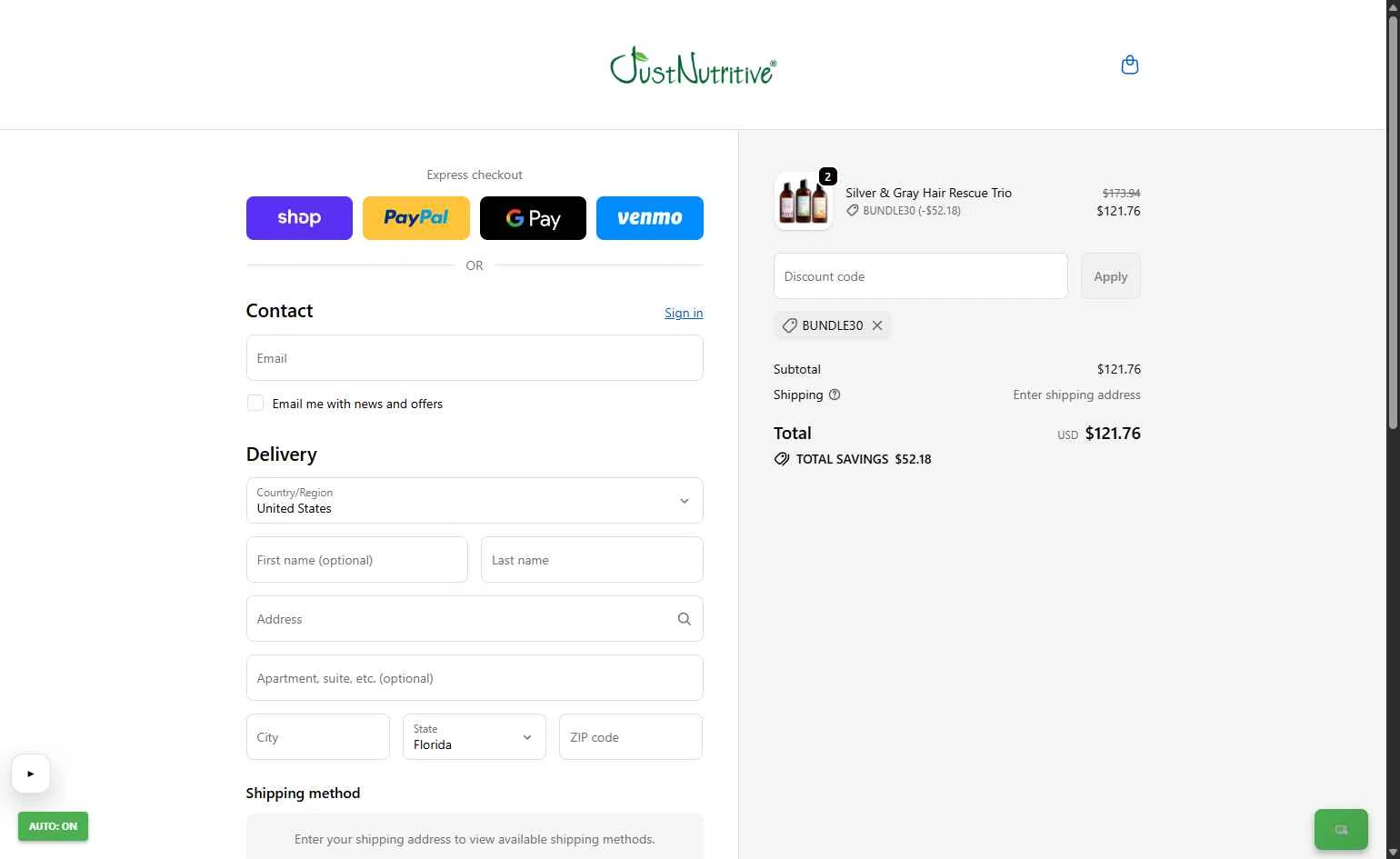 Just Nutritive checkout page showing Just Nutritive coupon code box | Screenshot taken by SimplyCodes community member on Feb 2, 2026