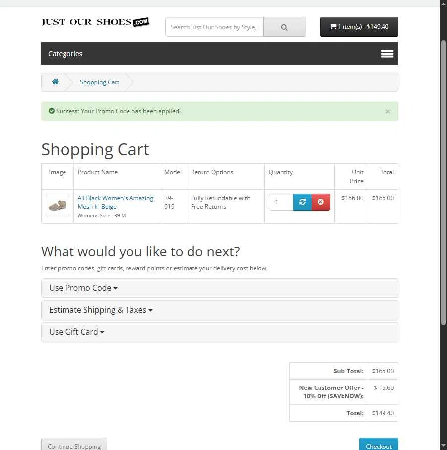 Just Our Shoes checkout page showing Just Our Shoes promo code box | Screenshot taken by SimplyCodes community member on May 16, 2025