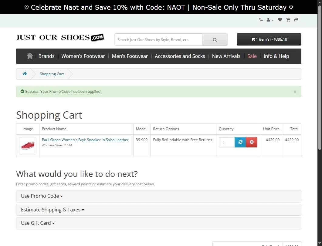 Just Our Shoes checkout page showing Just Our Shoes promo code box | Screenshot taken by SimplyCodes community member on May 16, 2025