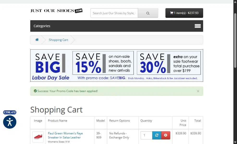 Just Our Shoes checkout page showing Just Our Shoes promo code box | Screenshot taken by SimplyCodes community member on Aug 29, 2025