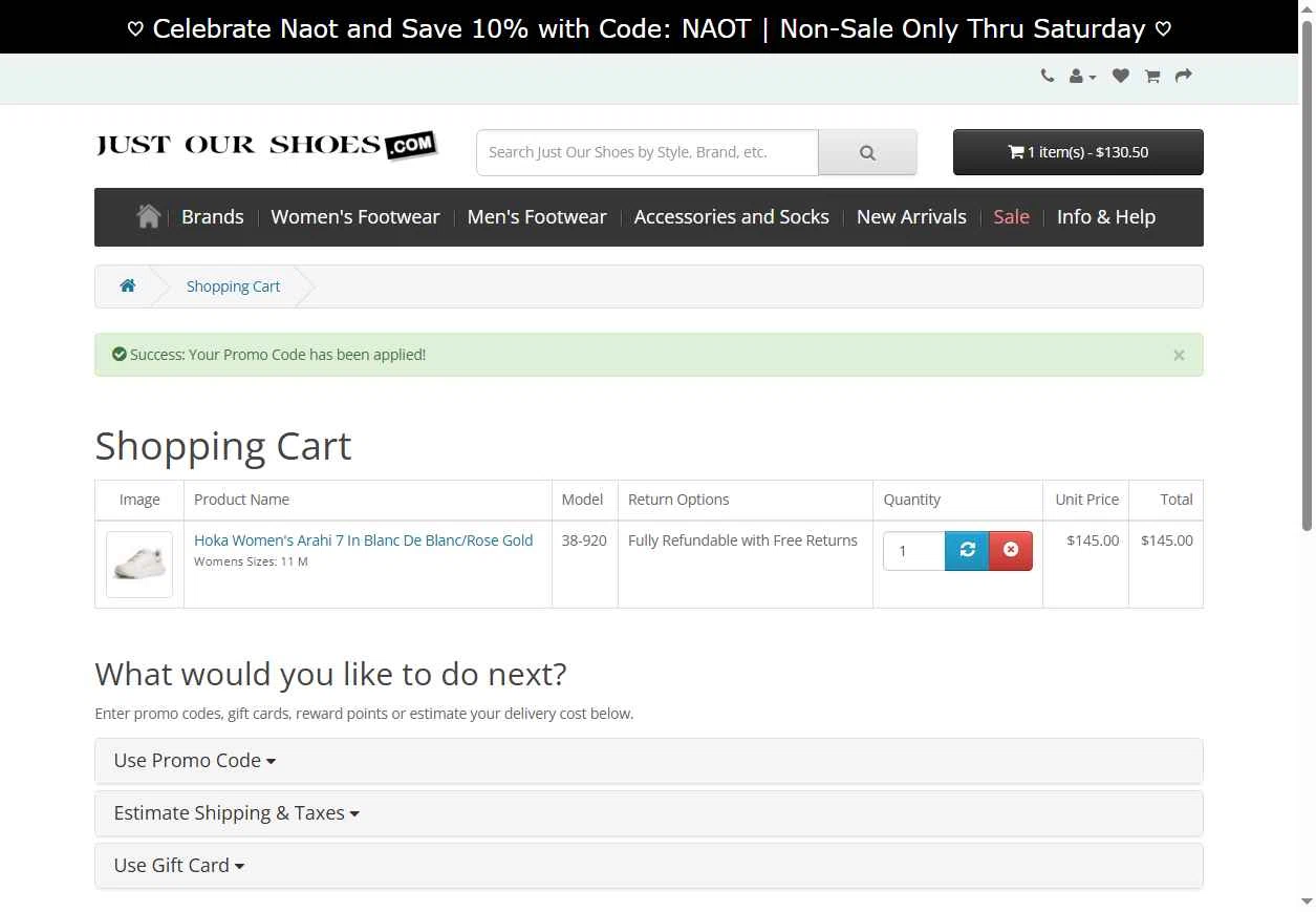 Just Our Shoes checkout page showing Just Our Shoes promo code box | Screenshot taken by SimplyCodes community member on May 16, 2025