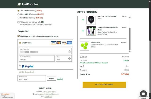 JustPaddles checkout page showing JustPaddles promo code box | Screenshot taken by SimplyCodes community member on Aug 21, 2025