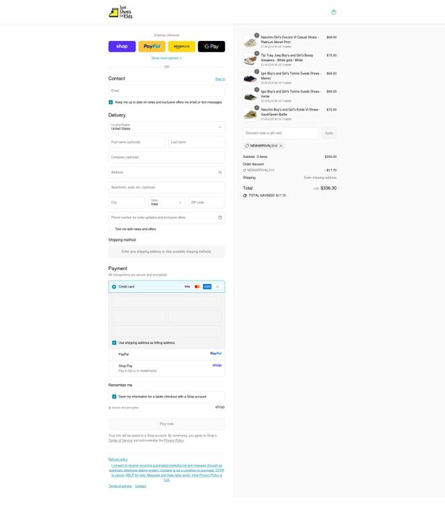 Just Shoes for Kids checkout page showing Just Shoes for Kids promo code box | Screenshot taken by SimplyCodes community member on Sep 16, 2025