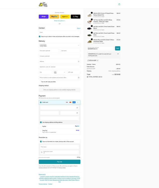 Just Shoes for Kids checkout page showing Just Shoes for Kids promo code box | Screenshot taken by SimplyCodes community member on Oct 3, 2025