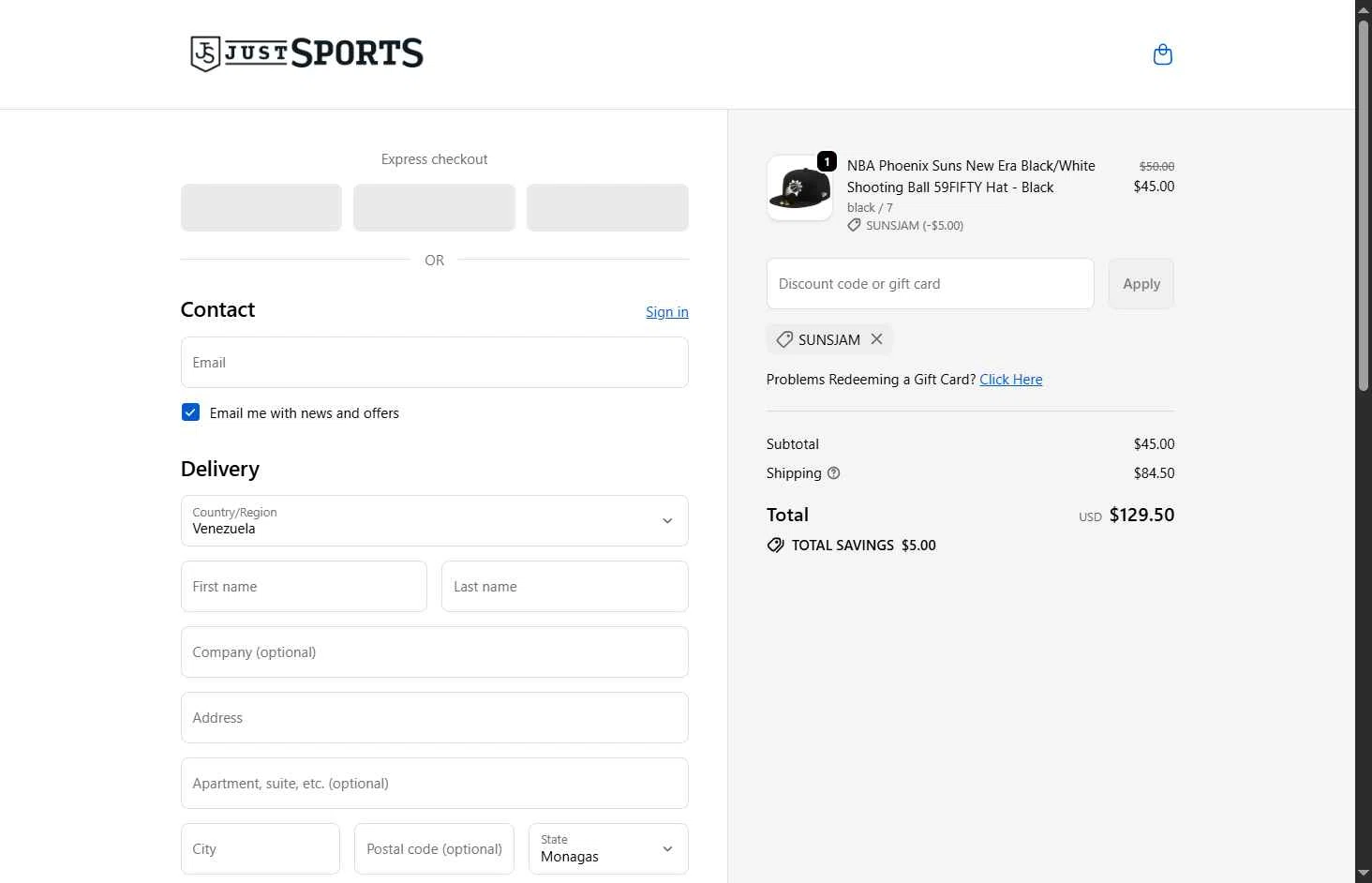 Just Sports checkout page showing Just Sports promo code box | Screenshot taken by SimplyCodes community member on Feb 11, 2026