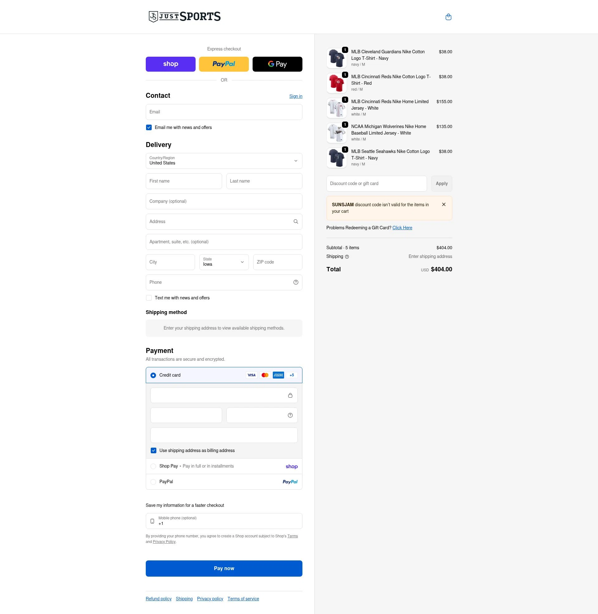 Just Sports checkout page showing Just Sports promo code box | Screenshot taken by SimplyCodes community member on Feb 18, 2026
