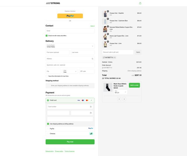 Just Strong checkout page showing Just Strong promo code box | Screenshot taken by SimplyCodes community member on Sep 12, 2025