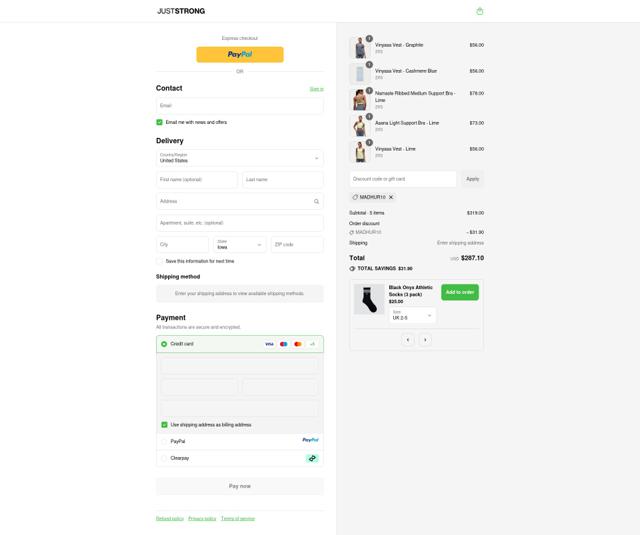 Just Strong checkout page showing Just Strong promo code box | Screenshot taken by SimplyCodes community member on Sep 12, 2025