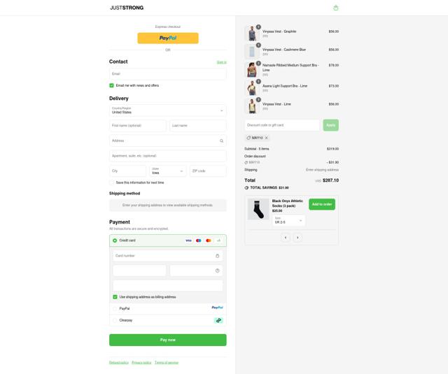 Just Strong checkout page showing Just Strong promo code box | Screenshot taken by SimplyCodes community member on Sep 12, 2025