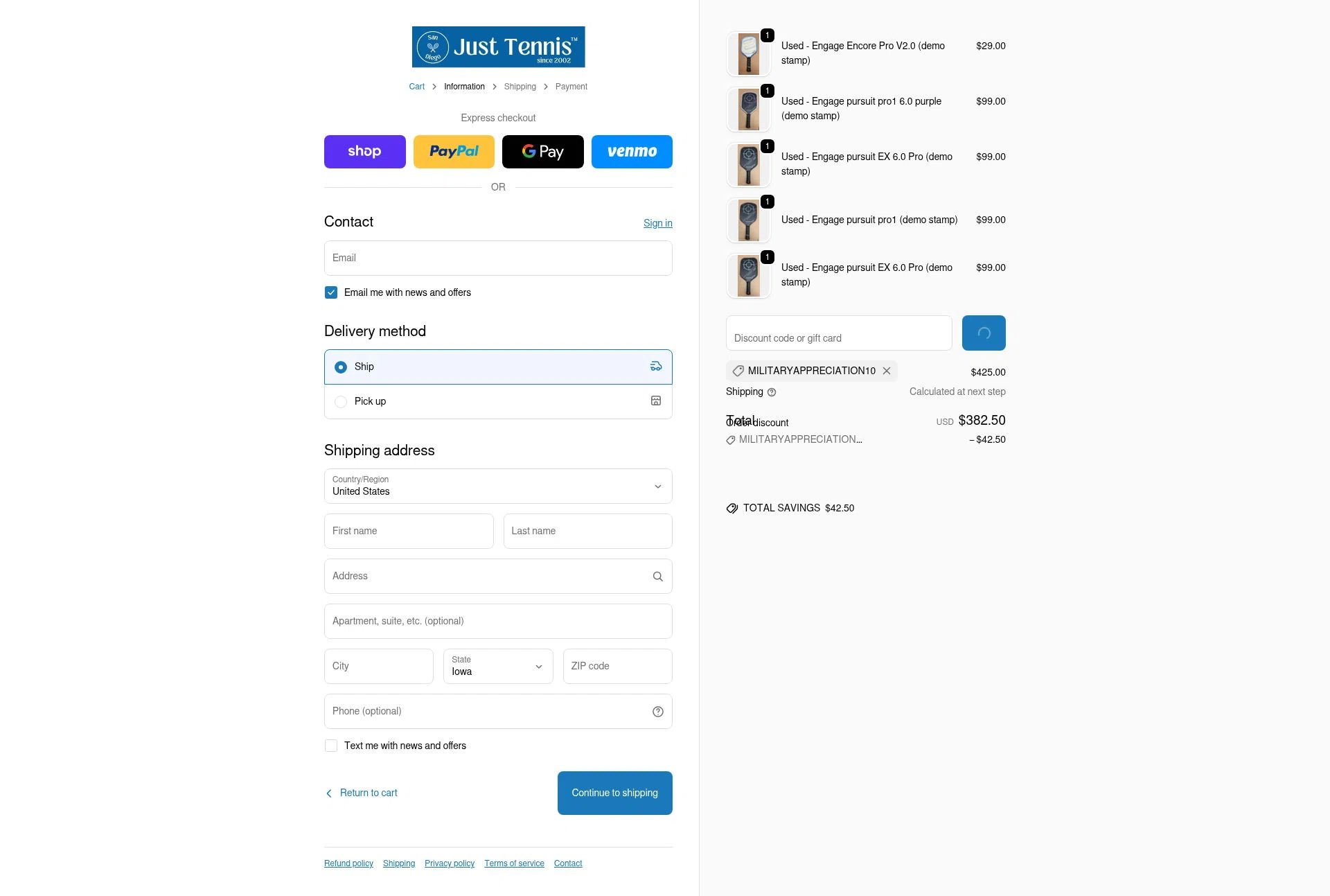 Just Tennis checkout page showing Just Tennis discount code box | Screenshot taken by SimplyCodes community member on Jan 27, 2026