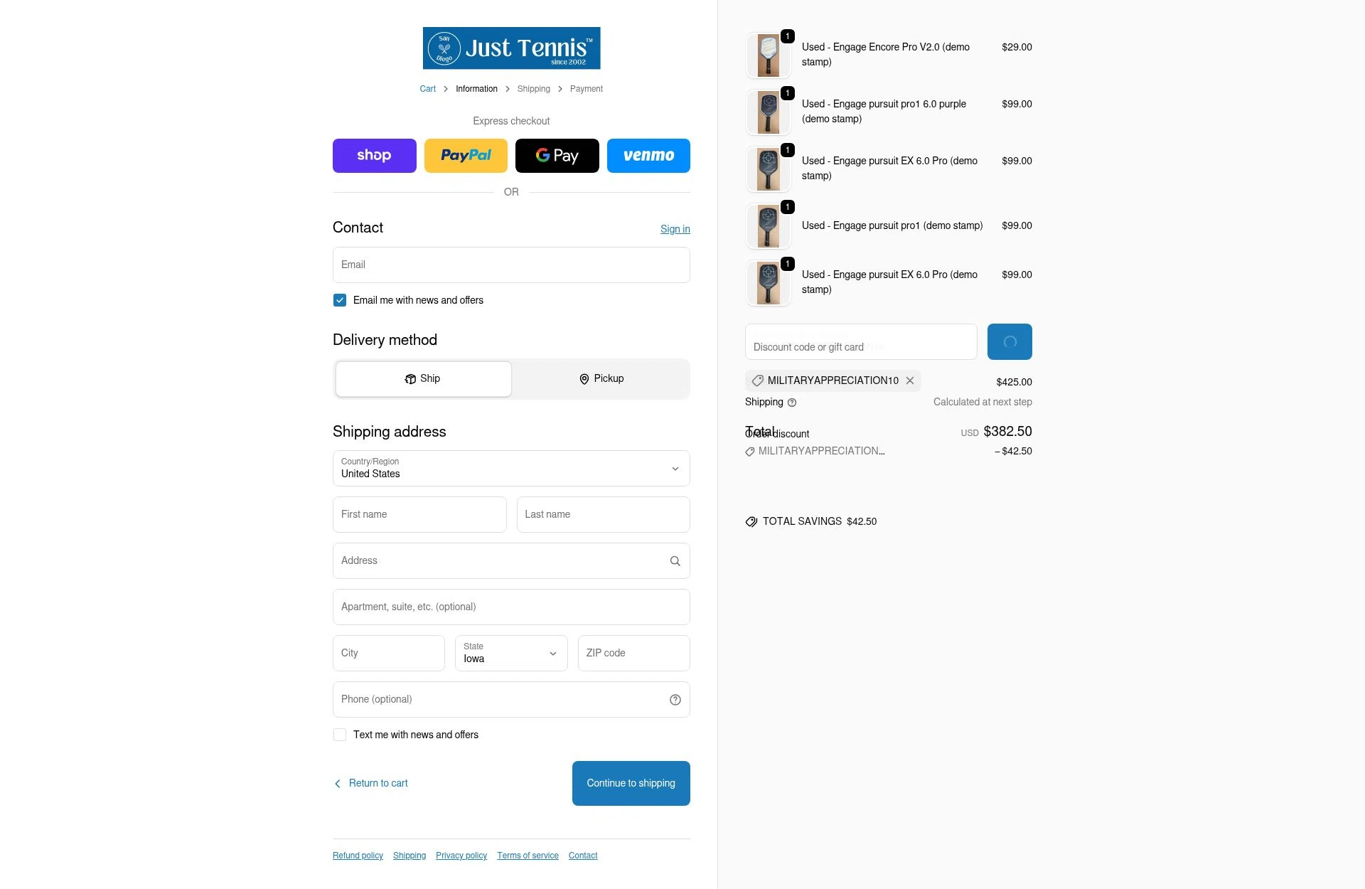 Just Tennis checkout page showing Just Tennis discount code box | Screenshot taken by SimplyCodes community member on Jan 22, 2026