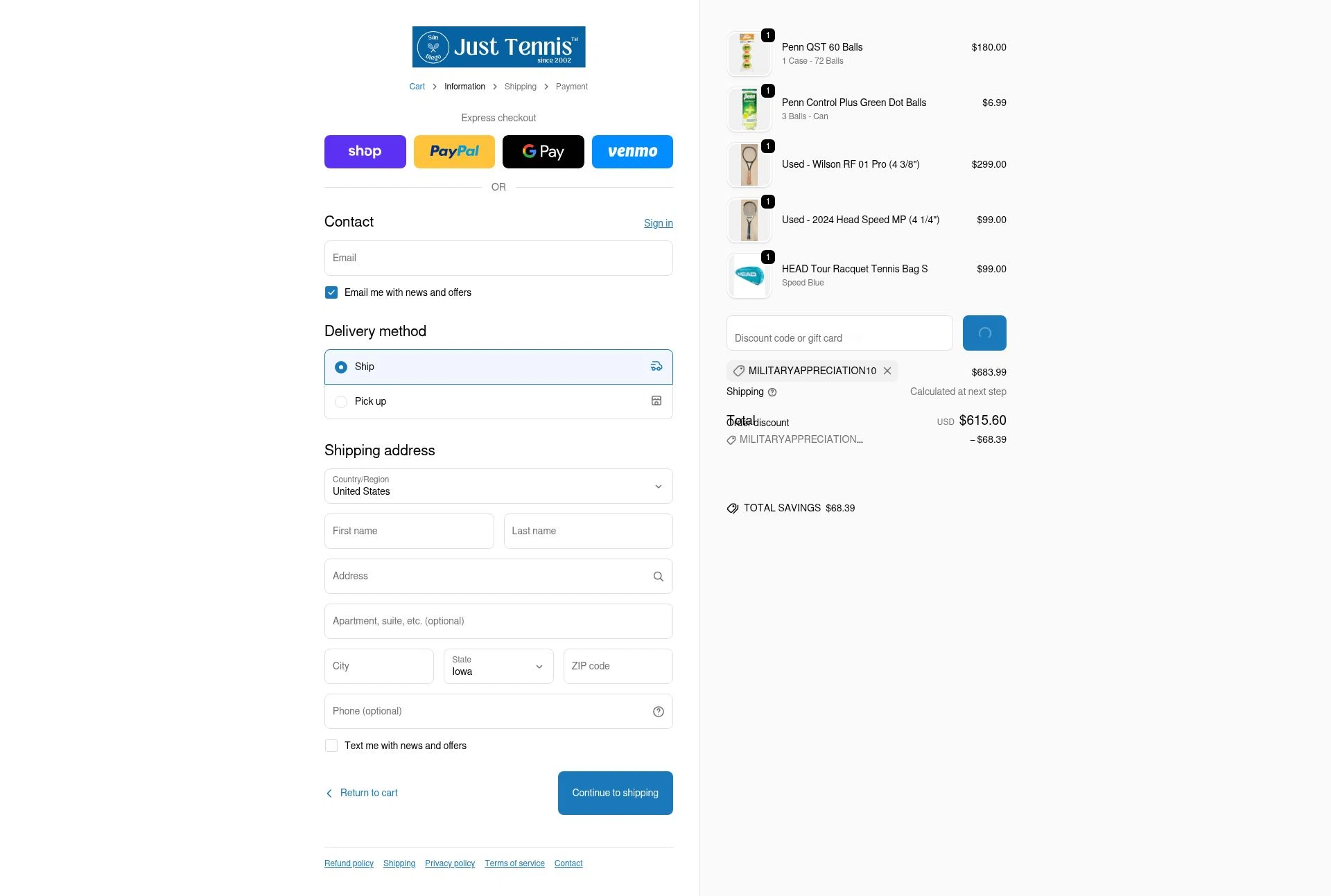 Just Tennis checkout page showing Just Tennis discount code box | Screenshot taken by SimplyCodes community member on Feb 13, 2026