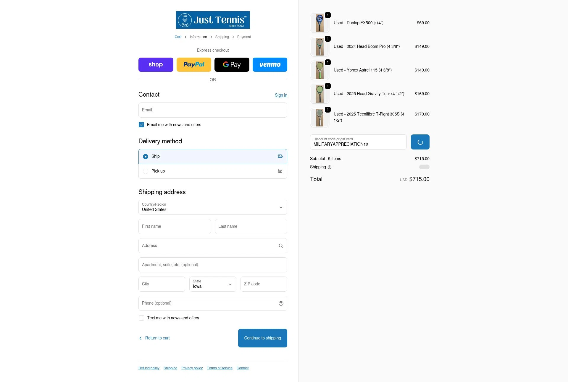 Just Tennis checkout page showing Just Tennis discount code box | Screenshot taken by SimplyCodes community member on Feb 18, 2026